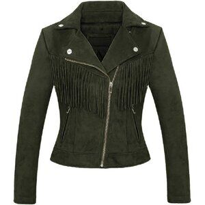 Women's Fall Fashion Faux Suede Leather Moto Biker Jacket Coats Tassel Army